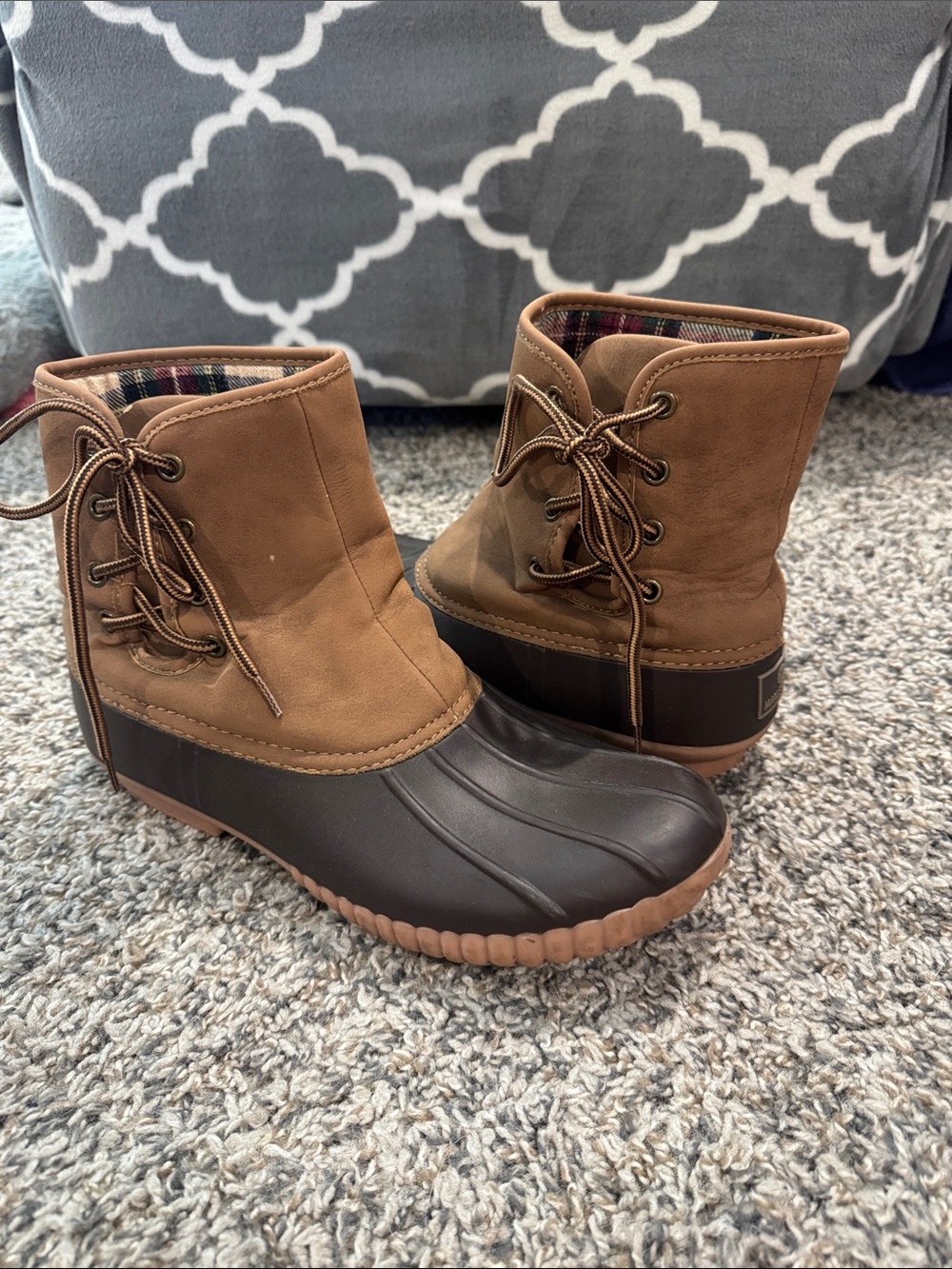 Women’s Brown Two-Tone Duck Boots - Cozy Plaid Lining Marleylilly Size 10